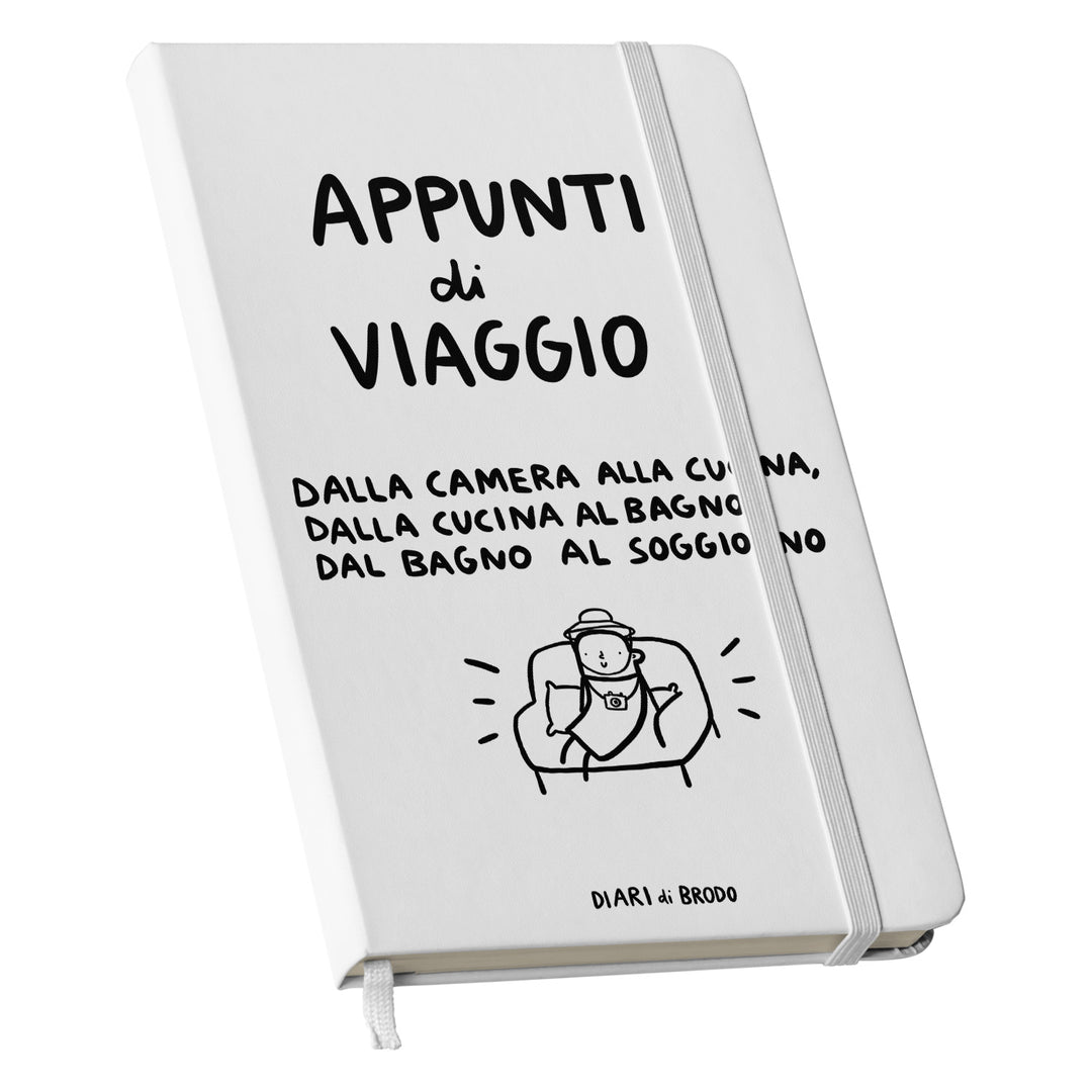 Taccuino Appunti di Viaggio dell'album Me lo segno di Diari di brodo: copertina soft touch in 8 colori, con chiusura e segnalibro coordinati