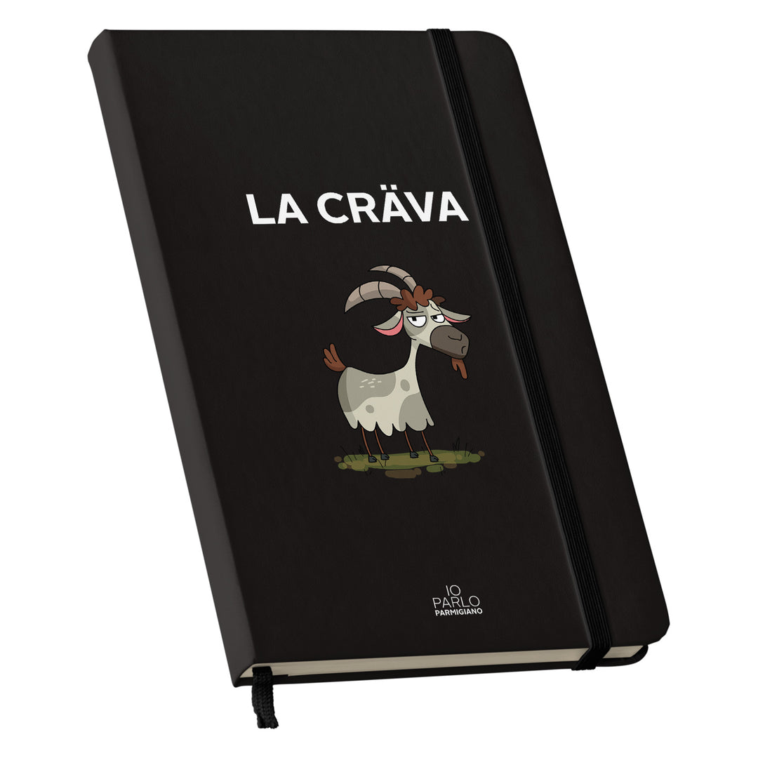 Taccuino LA CRÄVA dell'album LÌNNEA BÉSTJI di Io parlo parmigiano: copertina soft touch in 8 colori, con chiusura e segnalibro coordinati