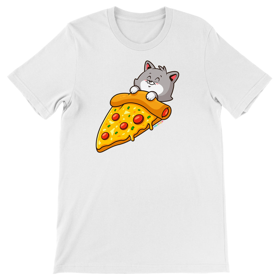 Maglietta Gattino con Pizza dell'album Gatti adorabili kawaii di Ideandoo, T-Shirt uomo donna e bambino a maniche corte in cotone con girocollo