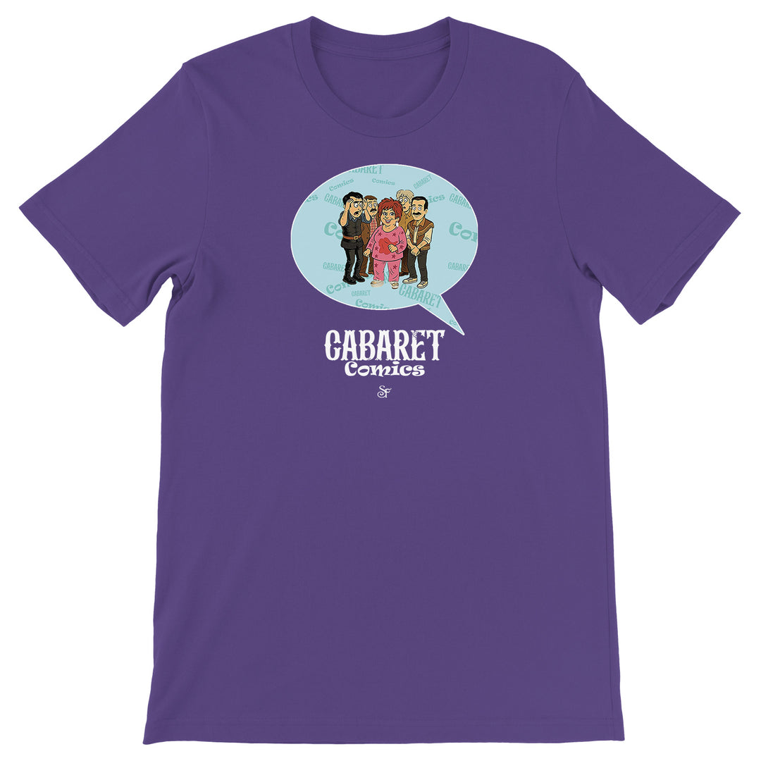 Maglietta Cabaret Comics - azzurro dell'album The Nightingale of Cavriago in comics - T-Shirt di SF Creator & Co, T-Shirt uomo donna e bambino a maniche corte in cotone con girocollo