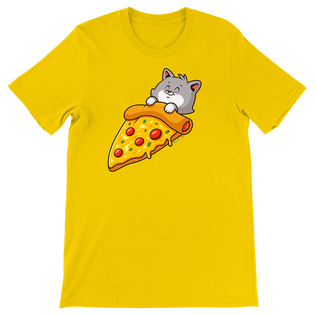 Maglietta Gattino con Pizza dell'album Gatti adorabili kawaii di Ideandoo, T-Shirt uomo donna e bambino a maniche corte in cotone con girocollo