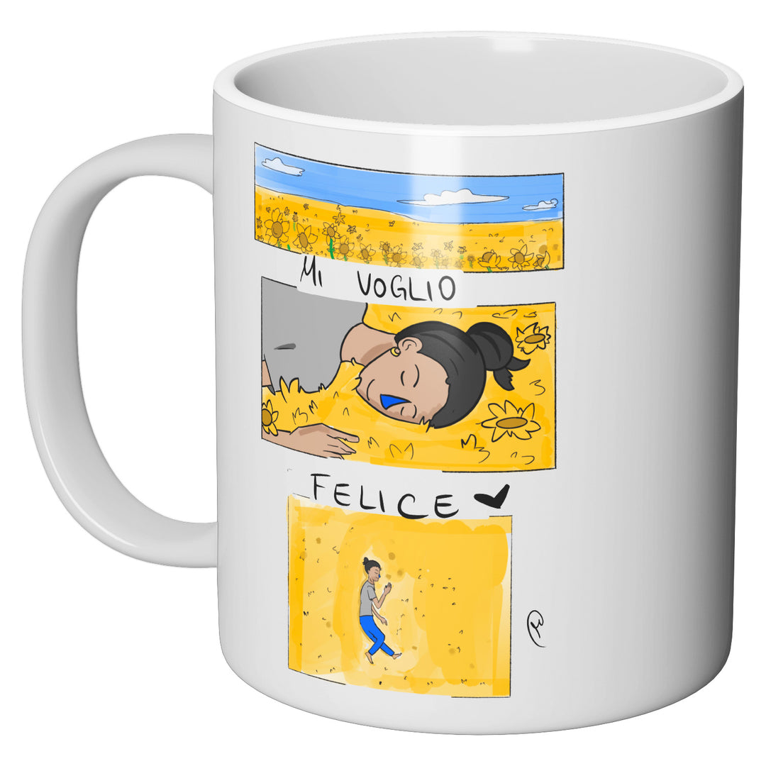 Tazza in ceramica Mi voglio felice dell'album L'infermiere che disegna tazze di Finn_nasoblu perfetta idea regalo