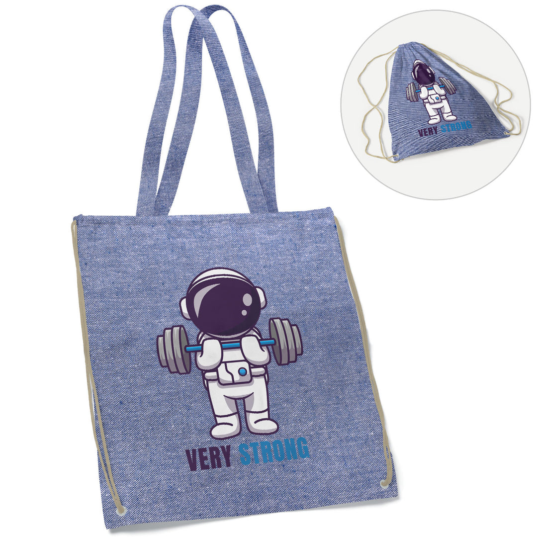 Shopper a zainetto Astronauta dell'album Very strong di Ideandoo in cotone riciclato, utile e pratico in 5 colori diversi