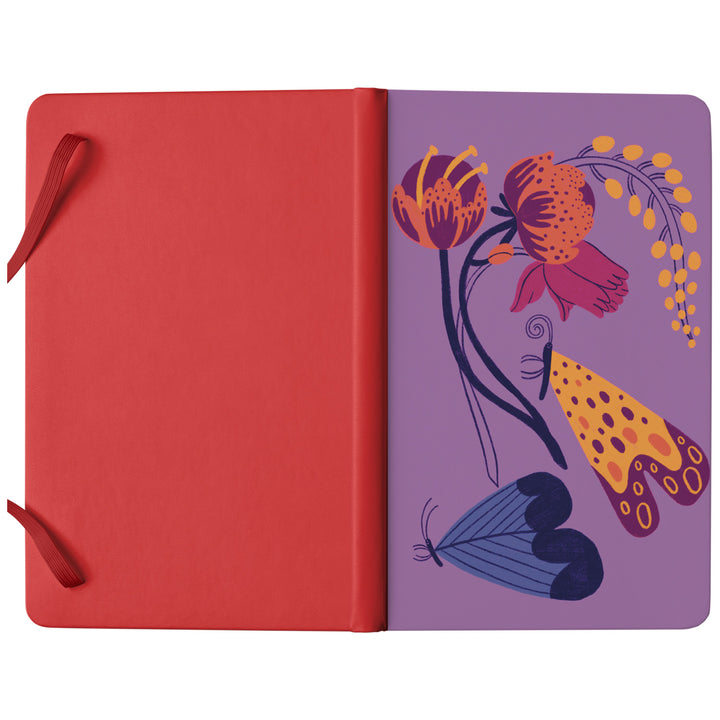 Taccuino Solo fiori e farfalle dell'album Lo scrivo qui così mi ricordo di Tigre contro Tigre: copertina soft touch in 8 colori, con chiusura e segnalibro coordinati